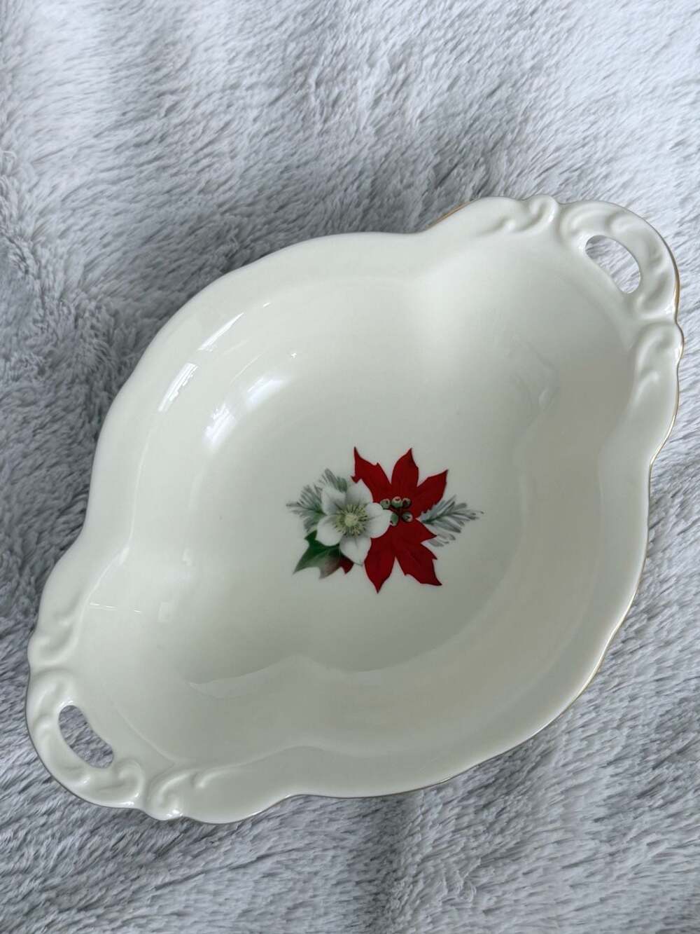 Vintage Pickard China Poinsettia and Christmas Rose Hand Decorated Scalloped Can